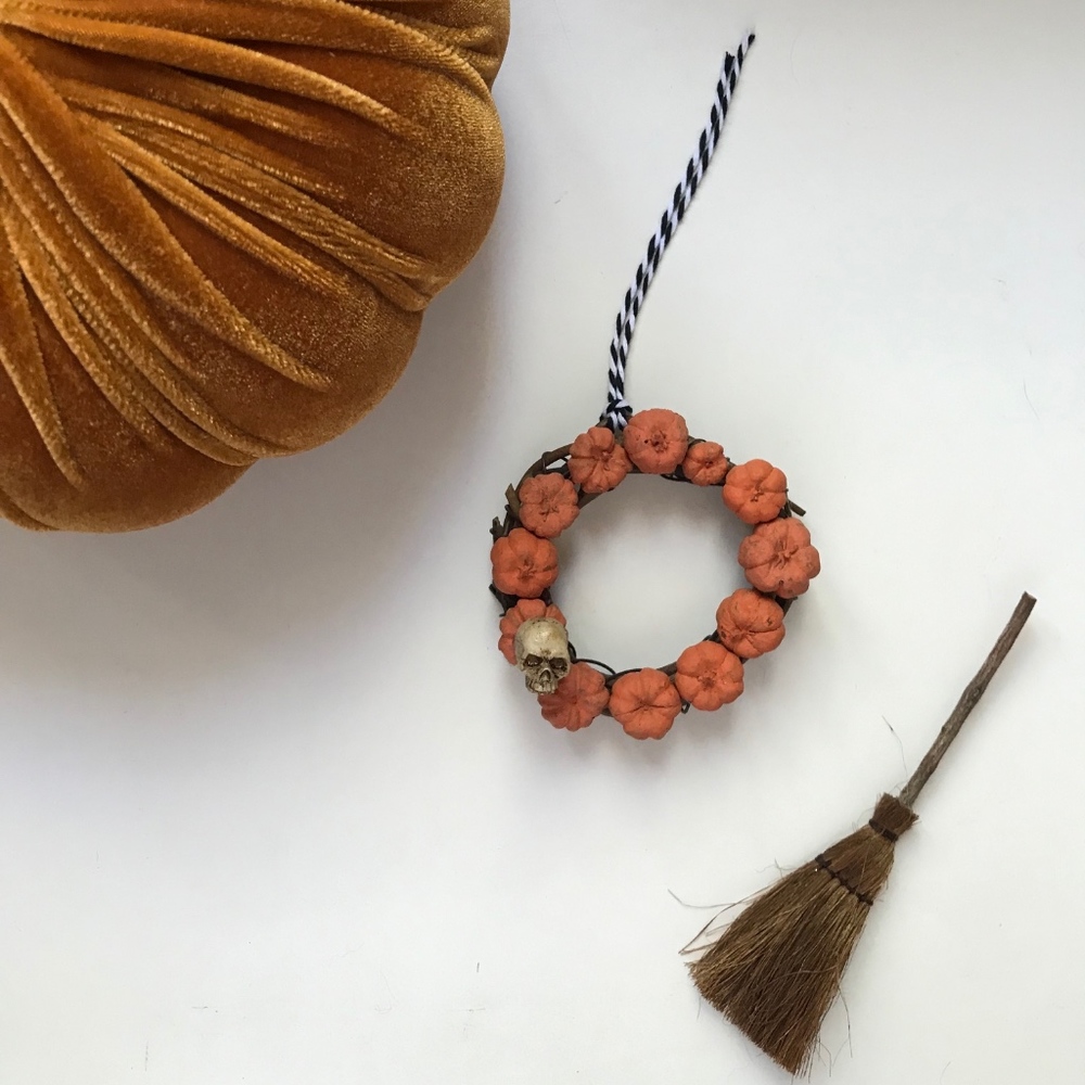 Three Pumpkin and Skull Mini Wreaths